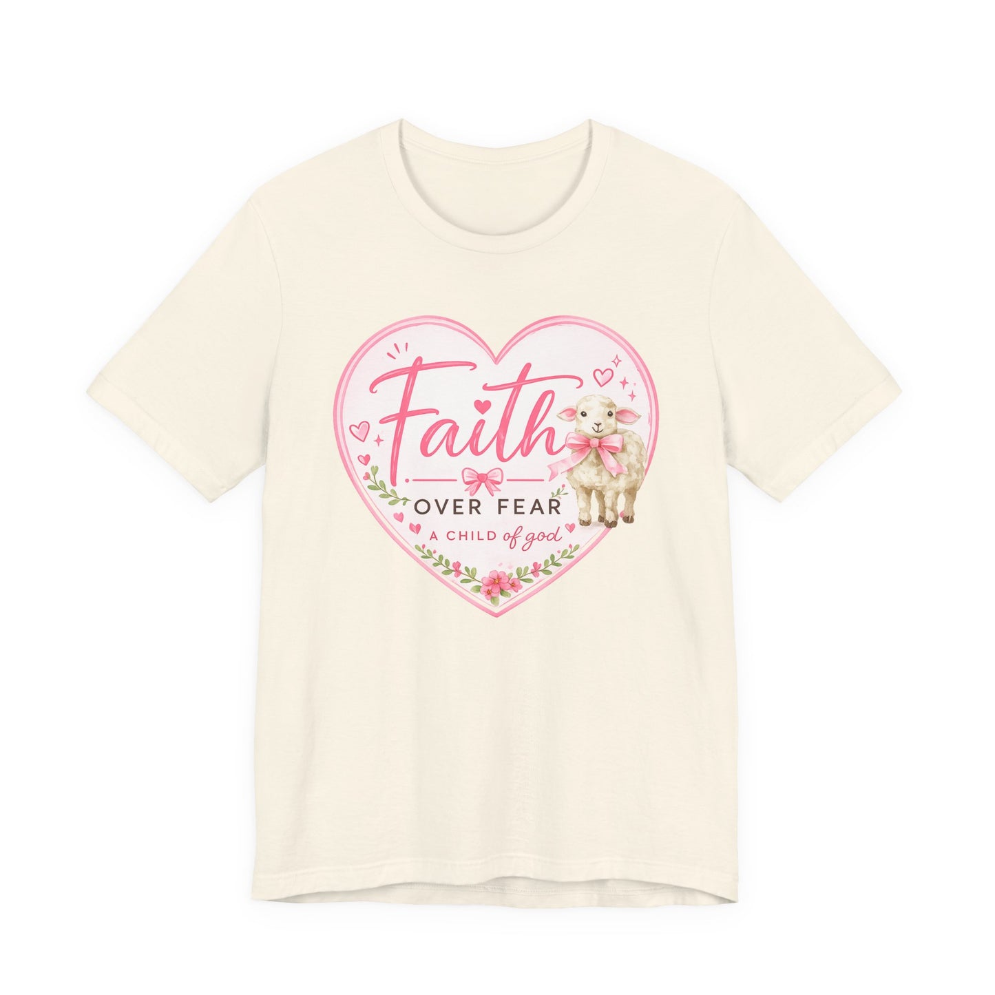 Faith Over Fear Heart T‑Shirt — Pink Floral Lamb Christian Tee