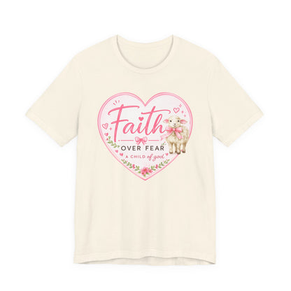Faith Over Fear Heart T‑Shirt — Pink Floral Lamb Christian Tee