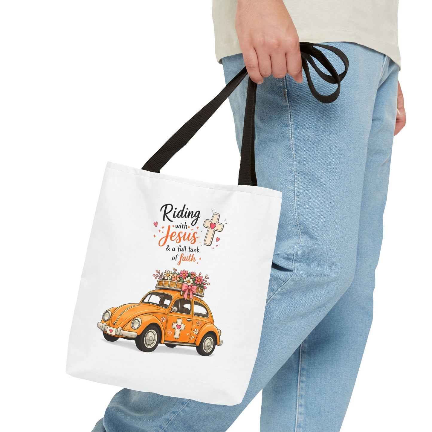 Christian Tote Bag — “Riding with Jesus” Floral Beetle Illustration
