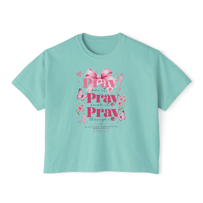 Pray Pray Pray Women's Boxy Tee — Pink Faith Floral Graphic