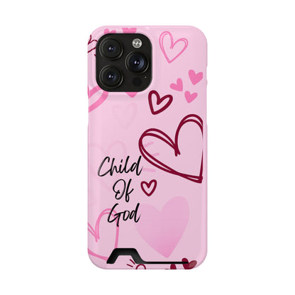 Pink "Child of God" Phone Card Case — Heart Pattern Religious Phone Case with Card Holder