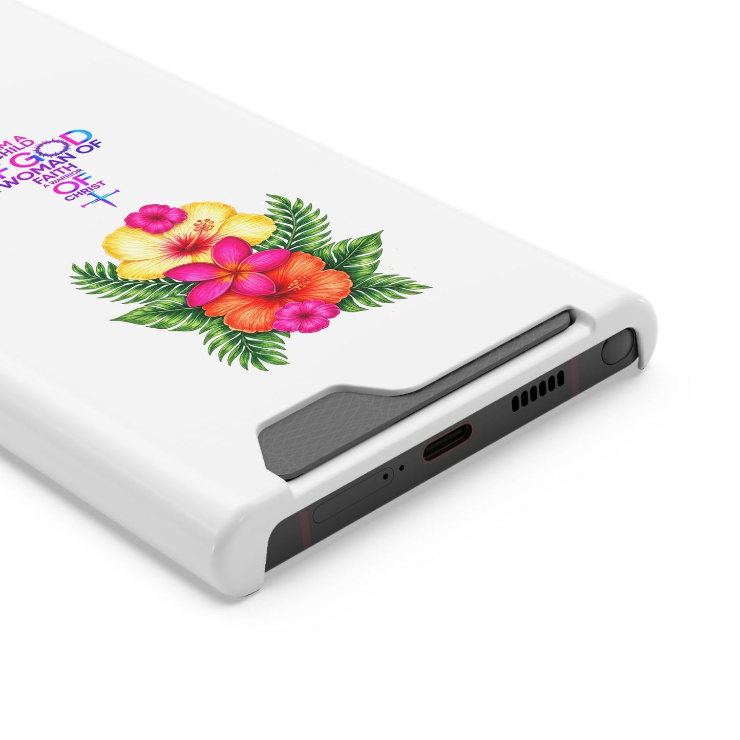 Phone Case with Card Holder — Floral Cross Design: "I Am a Child of God, A Woman of Faith"