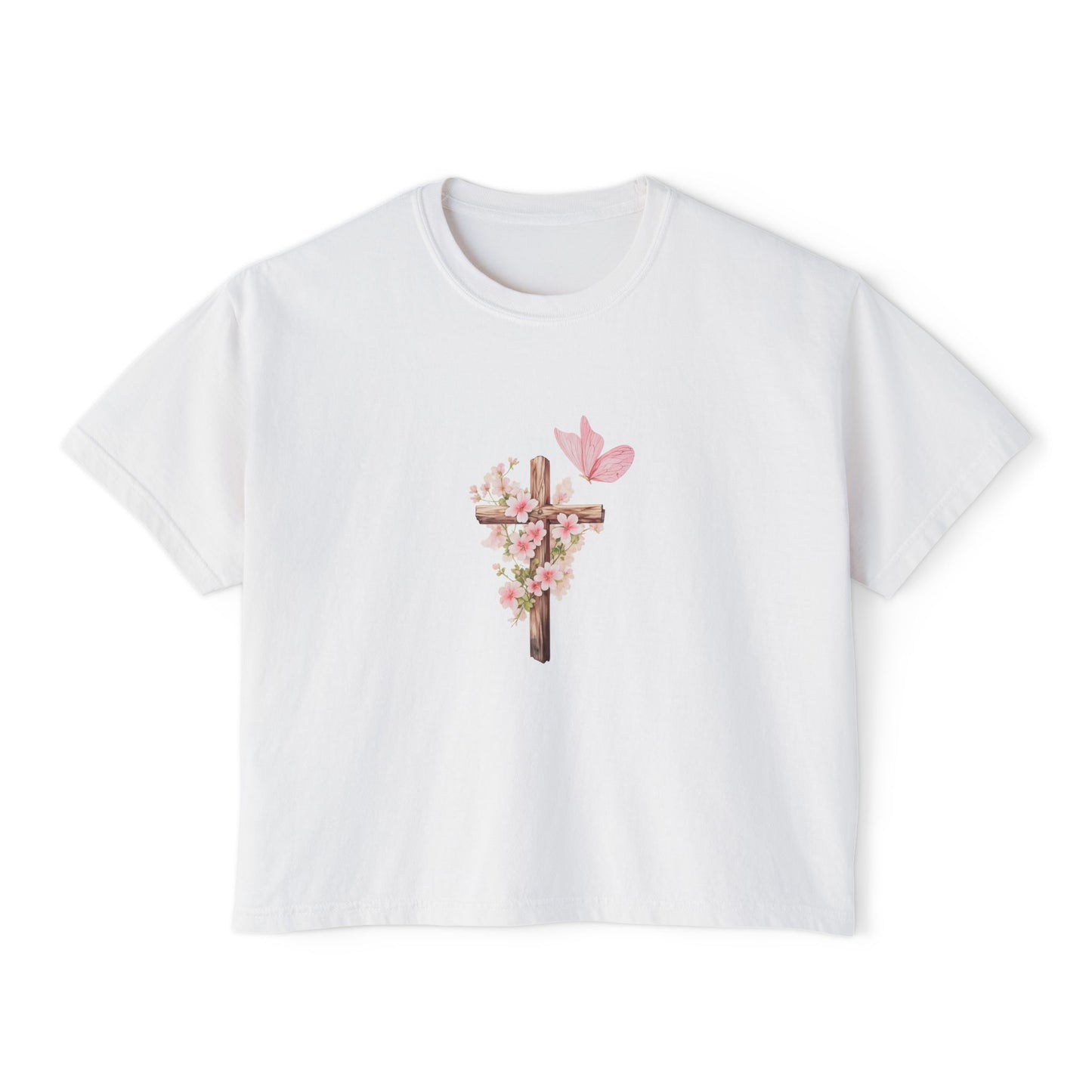 Women's Boxy Tee — Pink Floral Cross "Pray" Christian Graphic Shirt