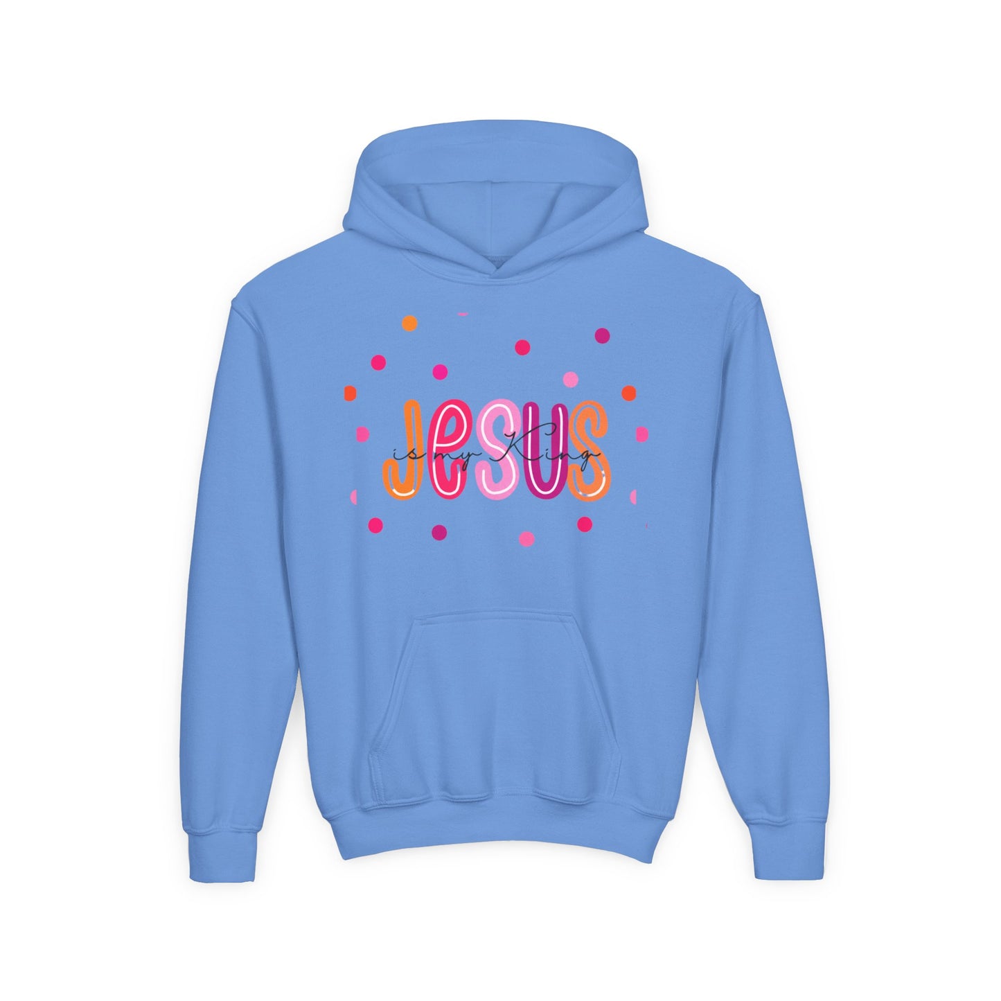 Youth Hoodie — “Jesus” Colorful Polka Dot Christian Pullover