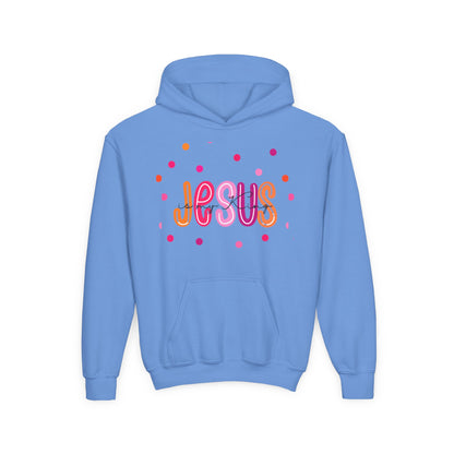 Youth Hoodie — “Jesus” Colorful Polka Dot Christian Pullover
