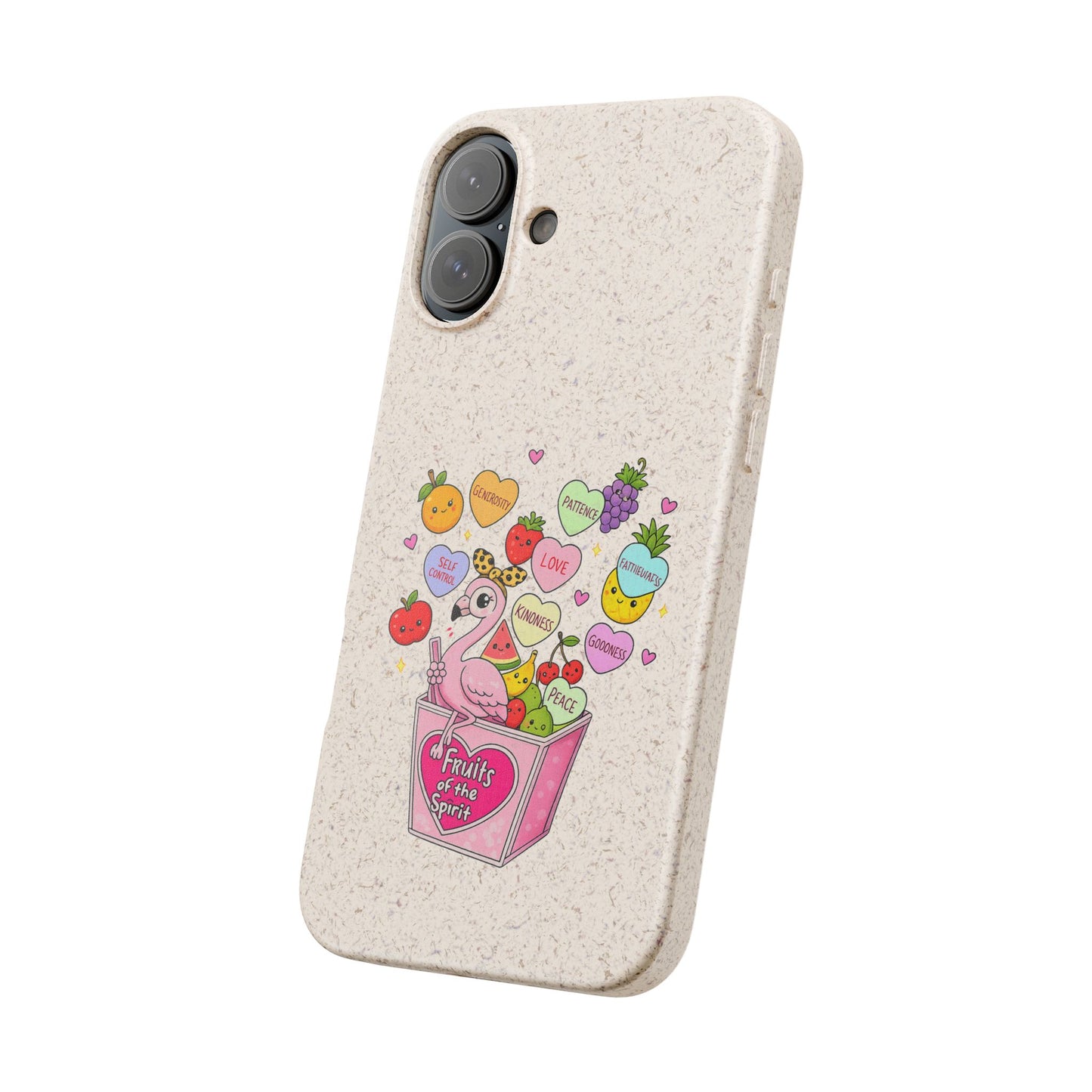 Biodegradable Phone Case — Cute Flamingo & Fruit Hearts "Fruity Love" Eco-Friendly iPhone Cover