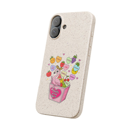 Biodegradable Phone Case — Cute Flamingo & Fruit Hearts "Fruity Love" Eco-Friendly iPhone Cover