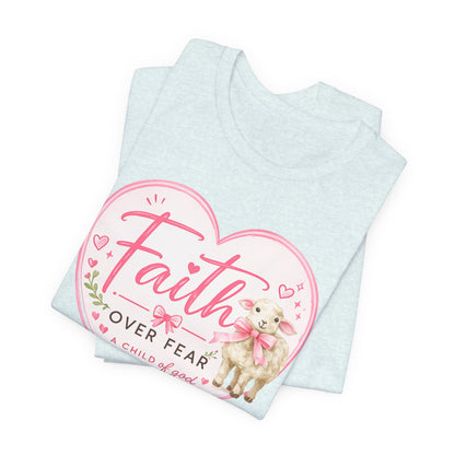 Faith Over Fear Heart T‑Shirt — Pink Floral Lamb Christian Tee