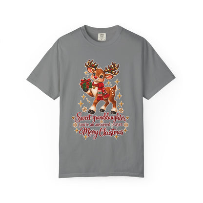 Christmas Reindeer T-Shirt — "Sweet Granddaughter You're an Answered Prayer" Holiday Tee
