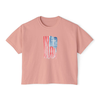 Blessed Tee — Women’s Boxy Christian T-Shirt with Flag Cross (Psalm 33:12)
