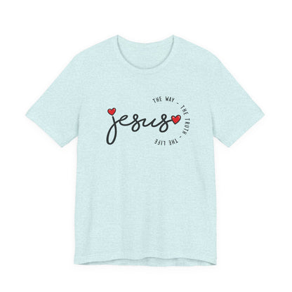 Jesus Script Tee - "Jesus" with Hearts | Faith Christian Shirt