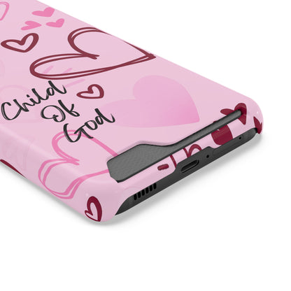 Pink "Child of God" Phone Card Case — Heart Pattern Religious Phone Case with Card Holder