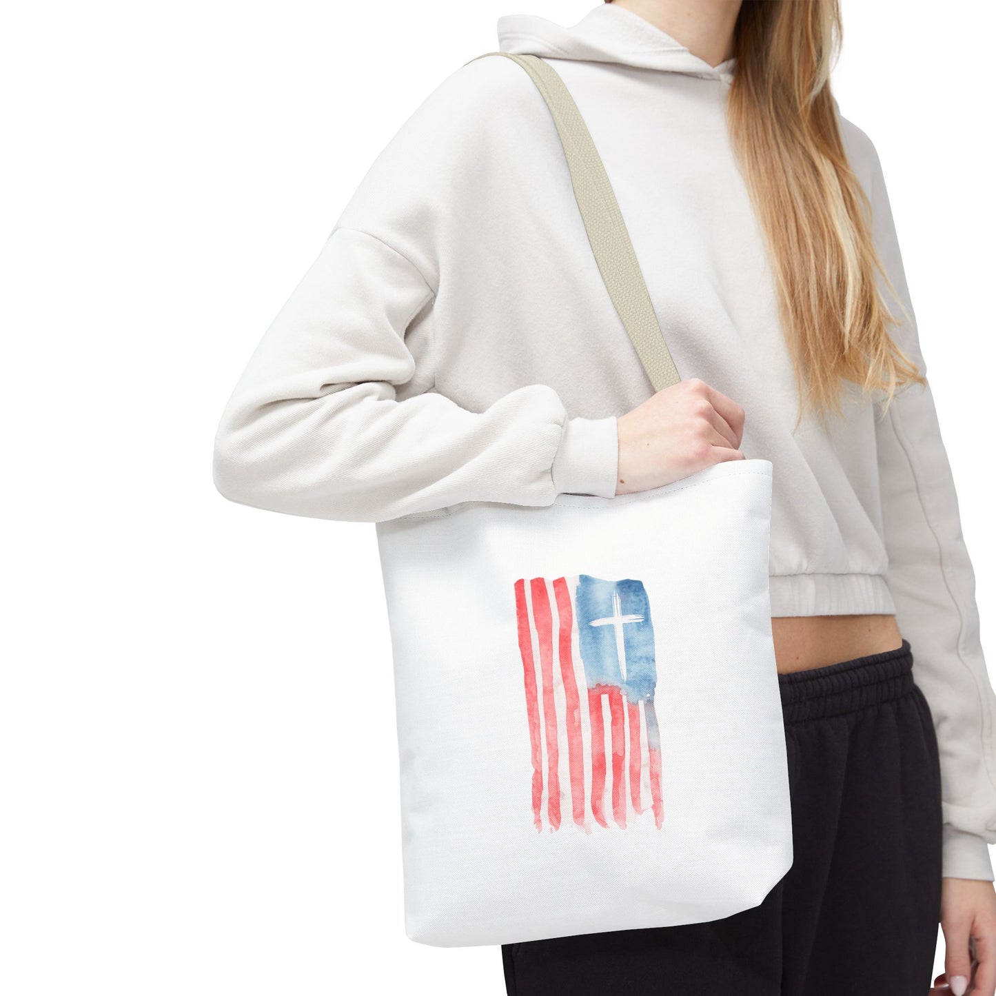 Patriotic Faith Tote Bag — Watercolor Flag with Cross & "Blessed By the Lord" Scripture