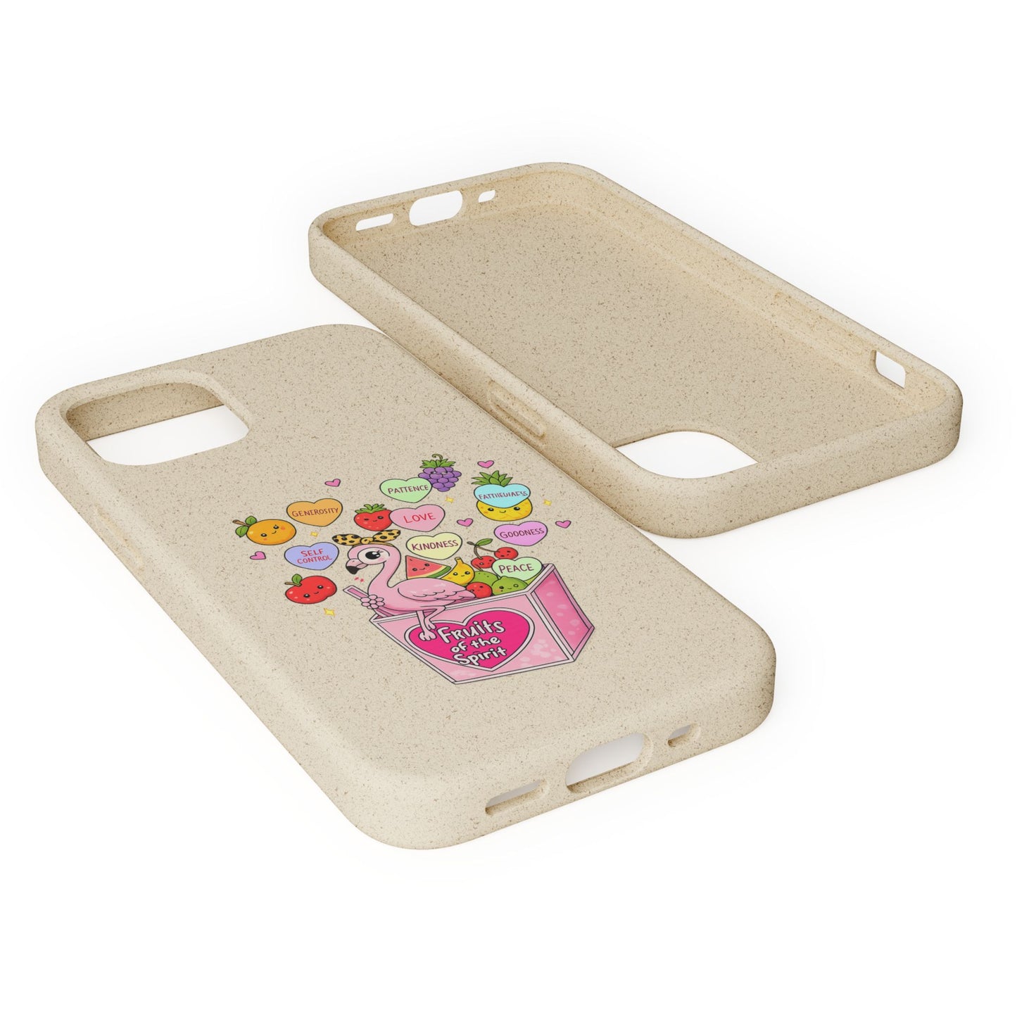 Biodegradable Phone Case — Cute Flamingo & Fruit Hearts "Fruity Love" Eco-Friendly iPhone Cover