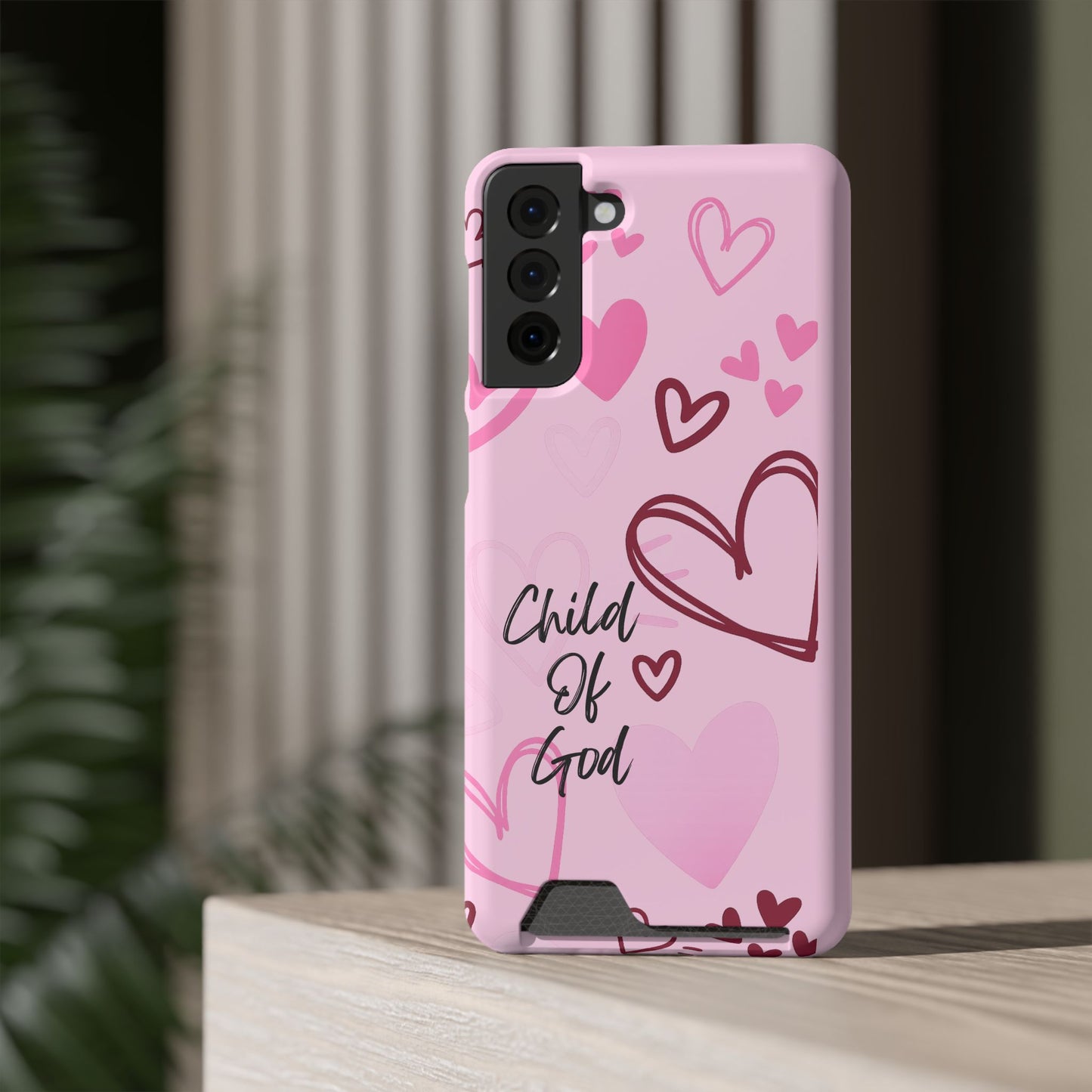 Pink "Child of God" Phone Card Case — Heart Pattern Religious Phone Case with Card Holder