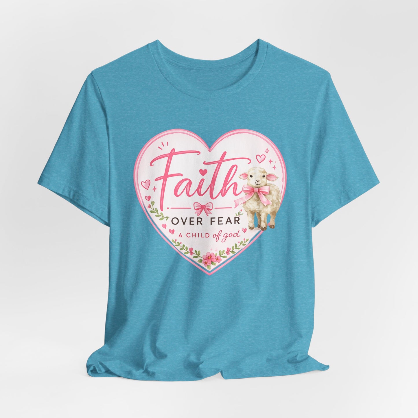 Faith Over Fear Heart T‑Shirt — Pink Floral Lamb Christian Tee