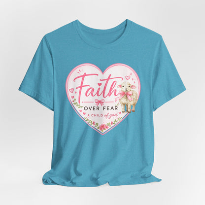 Faith Over Fear Heart T‑Shirt — Pink Floral Lamb Christian Tee