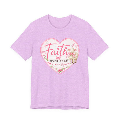 Faith Over Fear Heart T‑Shirt — Pink Floral Lamb Christian Tee