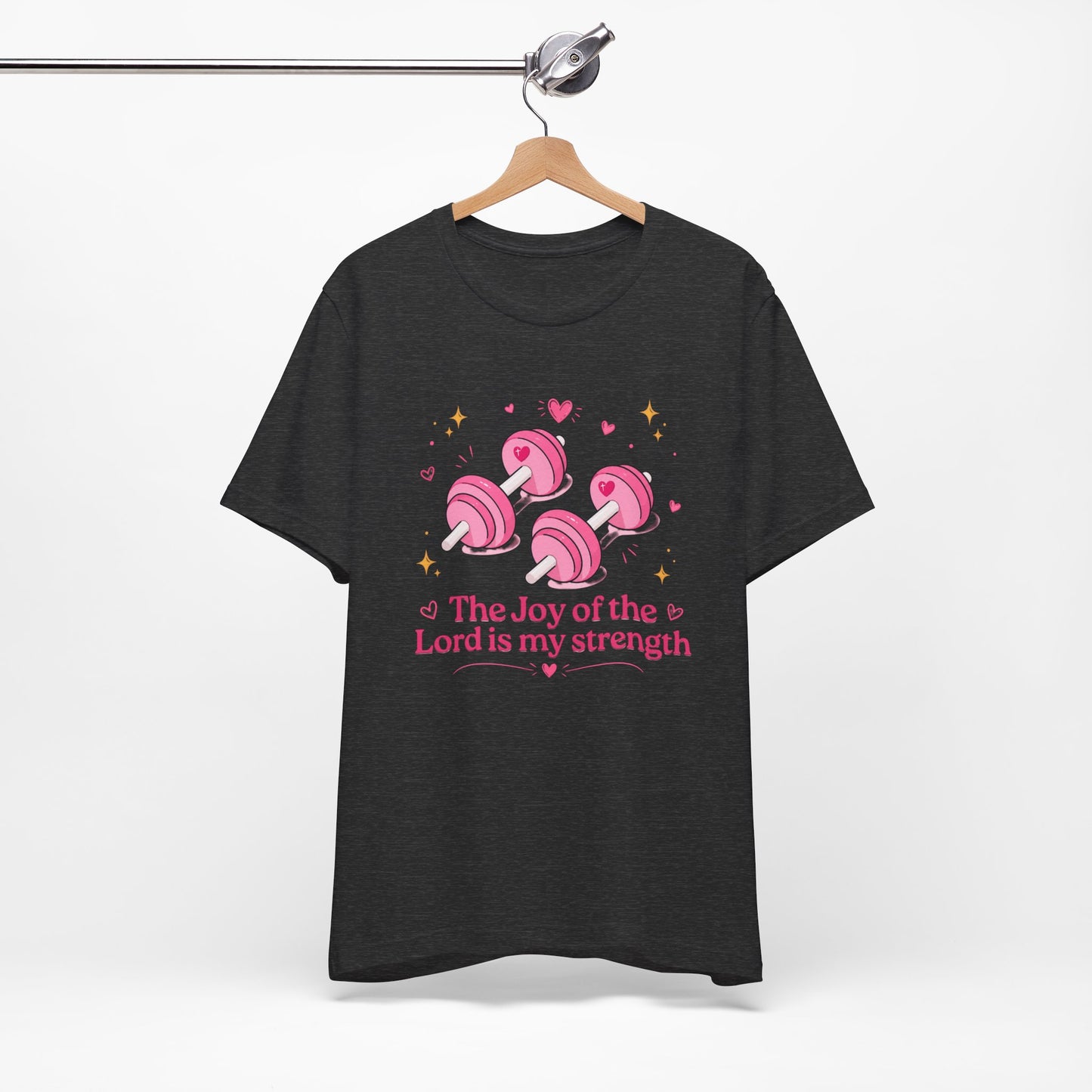 Christian Fitness T-Shirt — “The Joy of the Lord is My Strength” Pink Dumbbells Tee