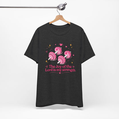Christian Fitness T-Shirt — “The Joy of the Lord is My Strength” Pink Dumbbells Tee