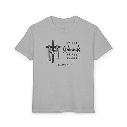Youth T-Shirt - "By His Wounds We Are Healed" Christian Cross Tee
