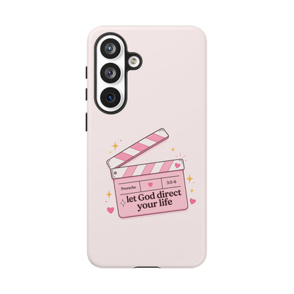 Pink Christian Phone Case — "Let God Direct Your Life" Cute Movie Clapper Design