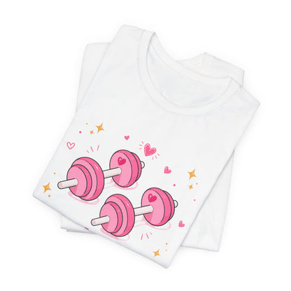 Christian Fitness T-Shirt — “The Joy of the Lord is My Strength” Pink Dumbbells Tee