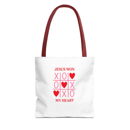 Tote Bag — "Jesus Won My Heart" Christian Scripture Heart Tic‑Tac‑Toe Design