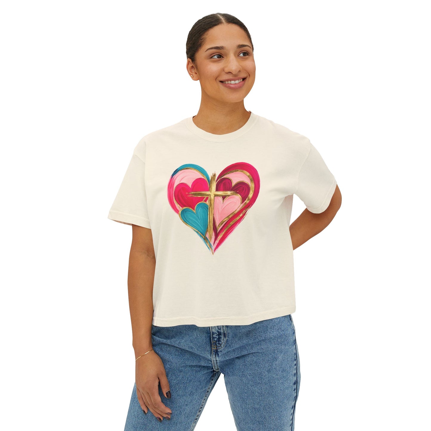 Heart Cross Women's Boxy Tee — Colorful Watercolor Heart Graphic