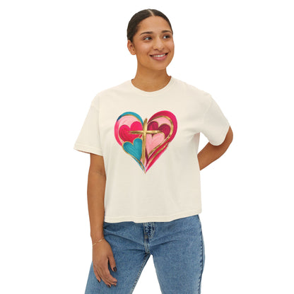 Heart Cross Women's Boxy Tee — Colorful Watercolor Heart Graphic