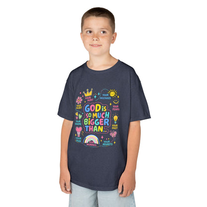 UNISEX Kids Tee — "God Is So Much Bigger Than" Colorful Faith Graphic