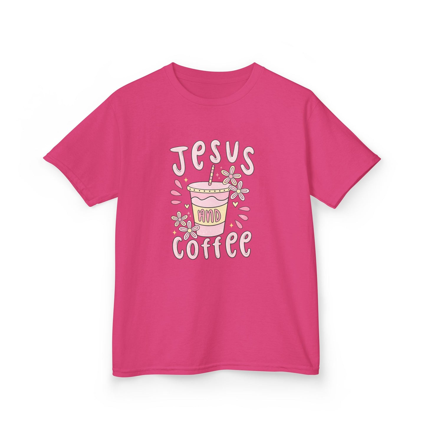 Kids Tee — “Jesus & Coffee” Cute Pastel Faith Graphic