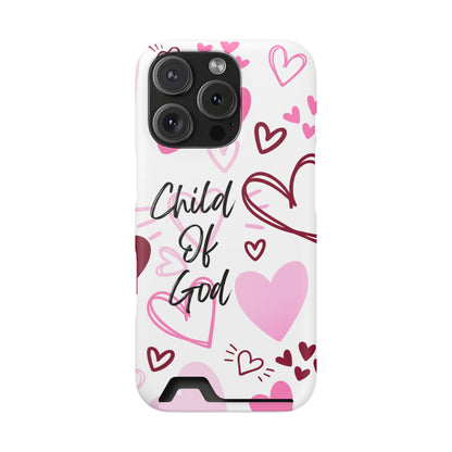 Phone Case — "Child of God" Card Holder Case, Pink Hearts Christian Phone Cover