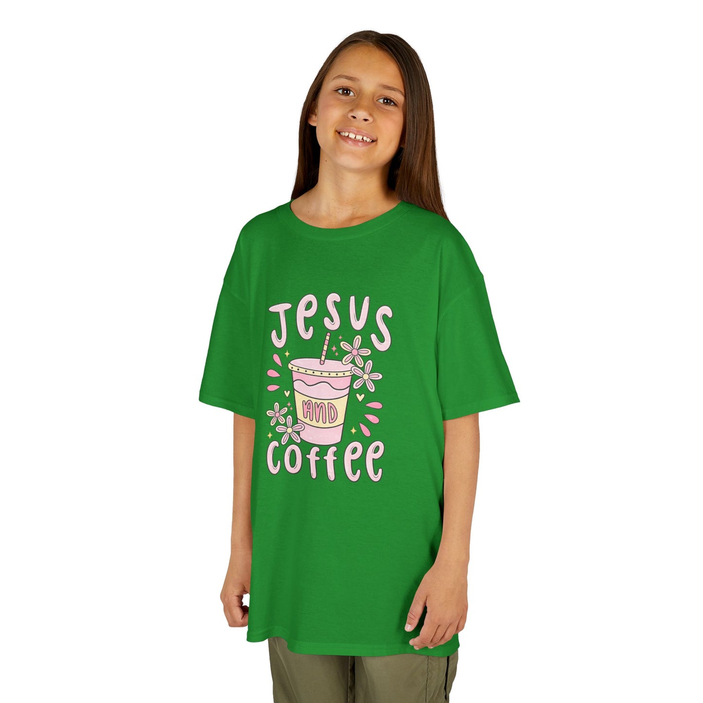 Kids Tee — “Jesus & Coffee” Cute Pastel Faith Graphic
