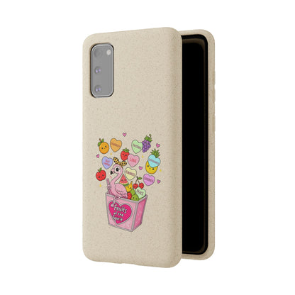 Biodegradable Phone Case — Cute Flamingo & Fruit Hearts "Fruity Love" Eco-Friendly iPhone Cover