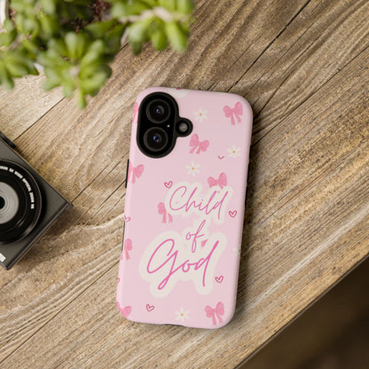 Child of God Pink Phone Case — Cute Christian iPhone Cover with Bows & Hearts