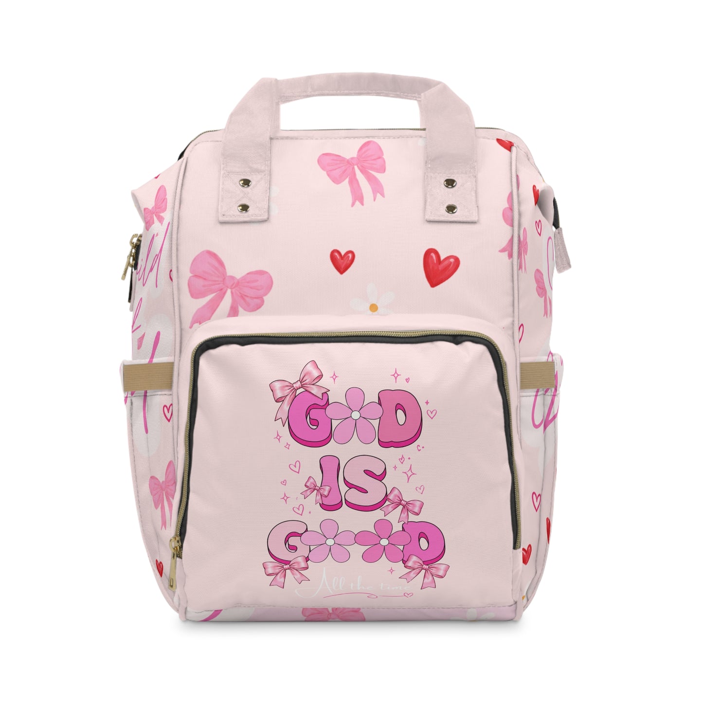 Pink Christian Diaper Backpack — "God Is Good" Baby Bag with Cross & Psalm 147:3 Design