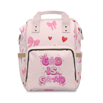 Pink Christian Diaper Backpack — "God Is Good" Baby Bag with Cross & Psalm 147:3 Design