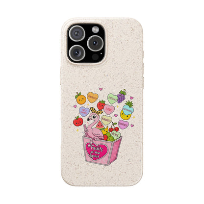 Biodegradable Phone Case — Cute Flamingo & Fruit Hearts "Fruity Love" Eco-Friendly iPhone Cover