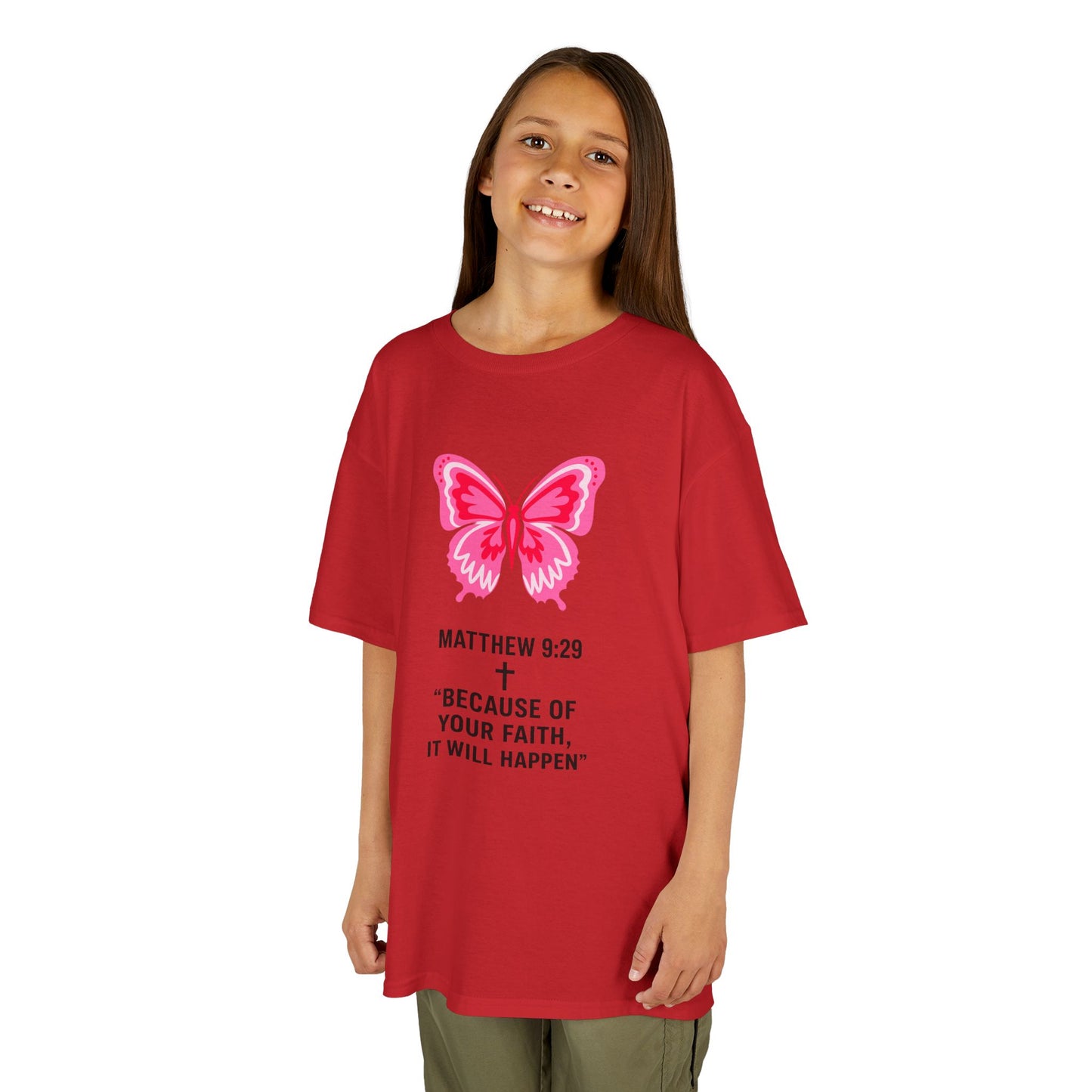 Kids Tee — Pink Butterfly with Matthew 9:29 Inspirational Faith Quote