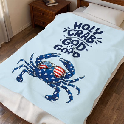Velveteen Plush Blanket - "Holy Crab God Is Good" Patriotic Crab Throw (4th of July, Coastal Beach Gift)