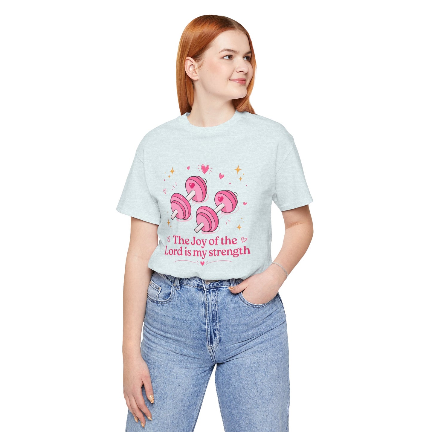 Christian Fitness T-Shirt — “The Joy of the Lord is My Strength” Pink Dumbbells Tee