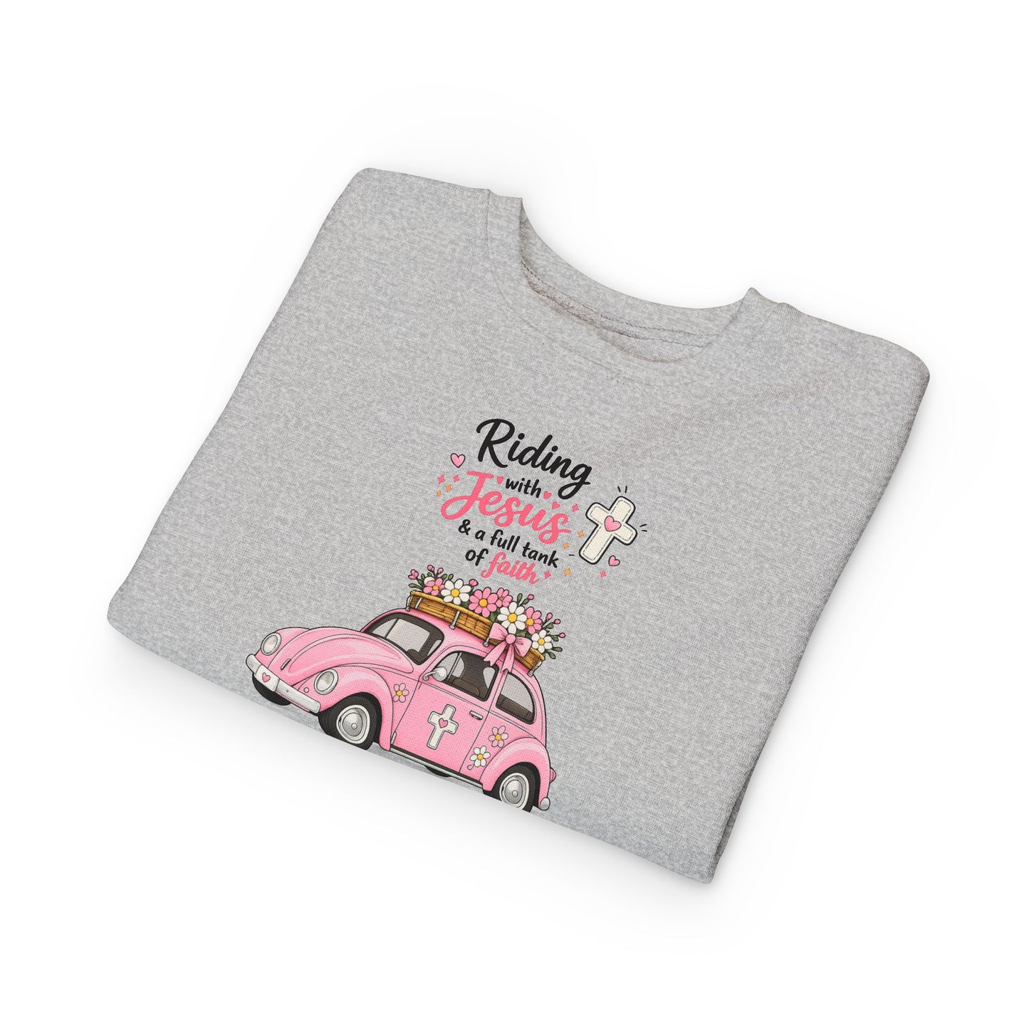 Toddler Sweatshirt - "Riding with Jesus" Pink Beetle Faith Kids Pullover
