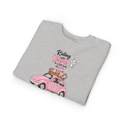 Toddler Sweatshirt - "Riding with Jesus" Pink Beetle Faith Kids Pullover