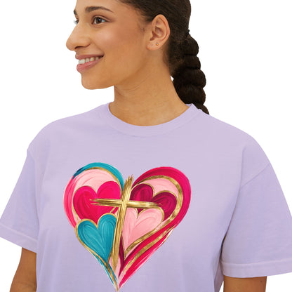 Heart Cross Women's Boxy Tee — Colorful Watercolor Heart Graphic