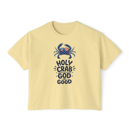 Women’s Boxy Tee — ‘Holy Crab, God Is Good’ Nautical Christian Tee