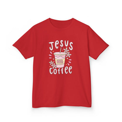Kids Tee — “Jesus & Coffee” Cute Pastel Faith Graphic