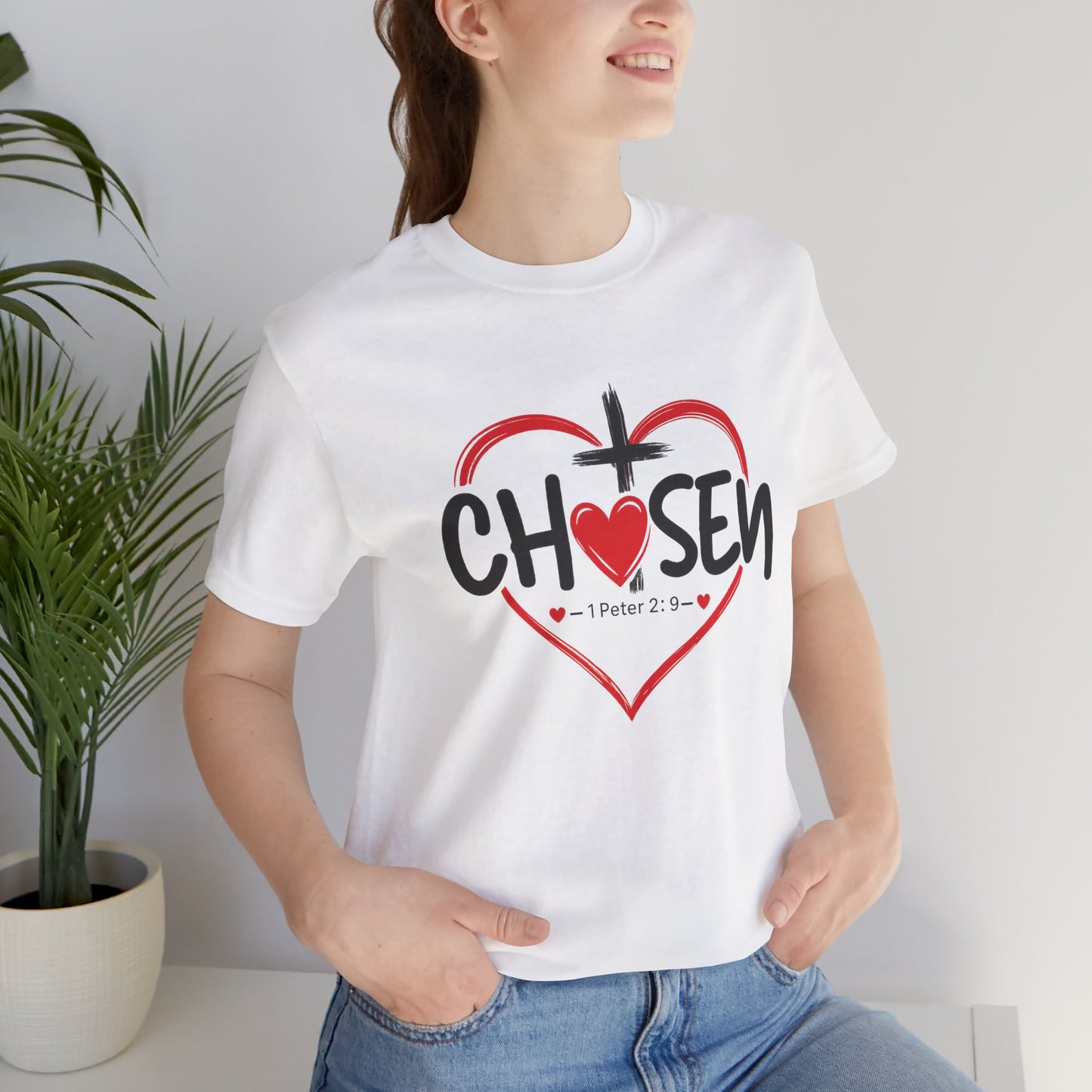 Chosen Heart Christian T-Shirt — "Chosen" with Cross & 1 Peter 2:9 Faith Tee