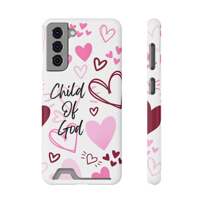 Phone Case — "Child of God" Card Holder Case, Pink Hearts Christian Phone Cover
