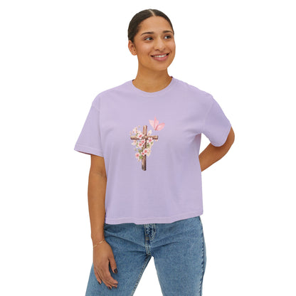 Women's Boxy Tee — Pink Floral Cross "Pray" Christian Graphic Shirt